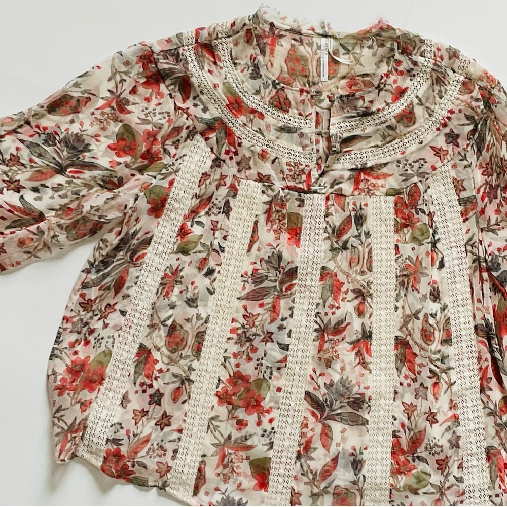 Sheer Cream & Lace FEATHER BONE/ANTHROPOLOGIE Fall Floral 3/4 Sleeve, US 10